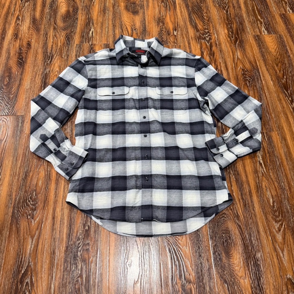Rock & Roll Size L Denim Men Black White Buffalo Plaid Flannel Button Down Shirt